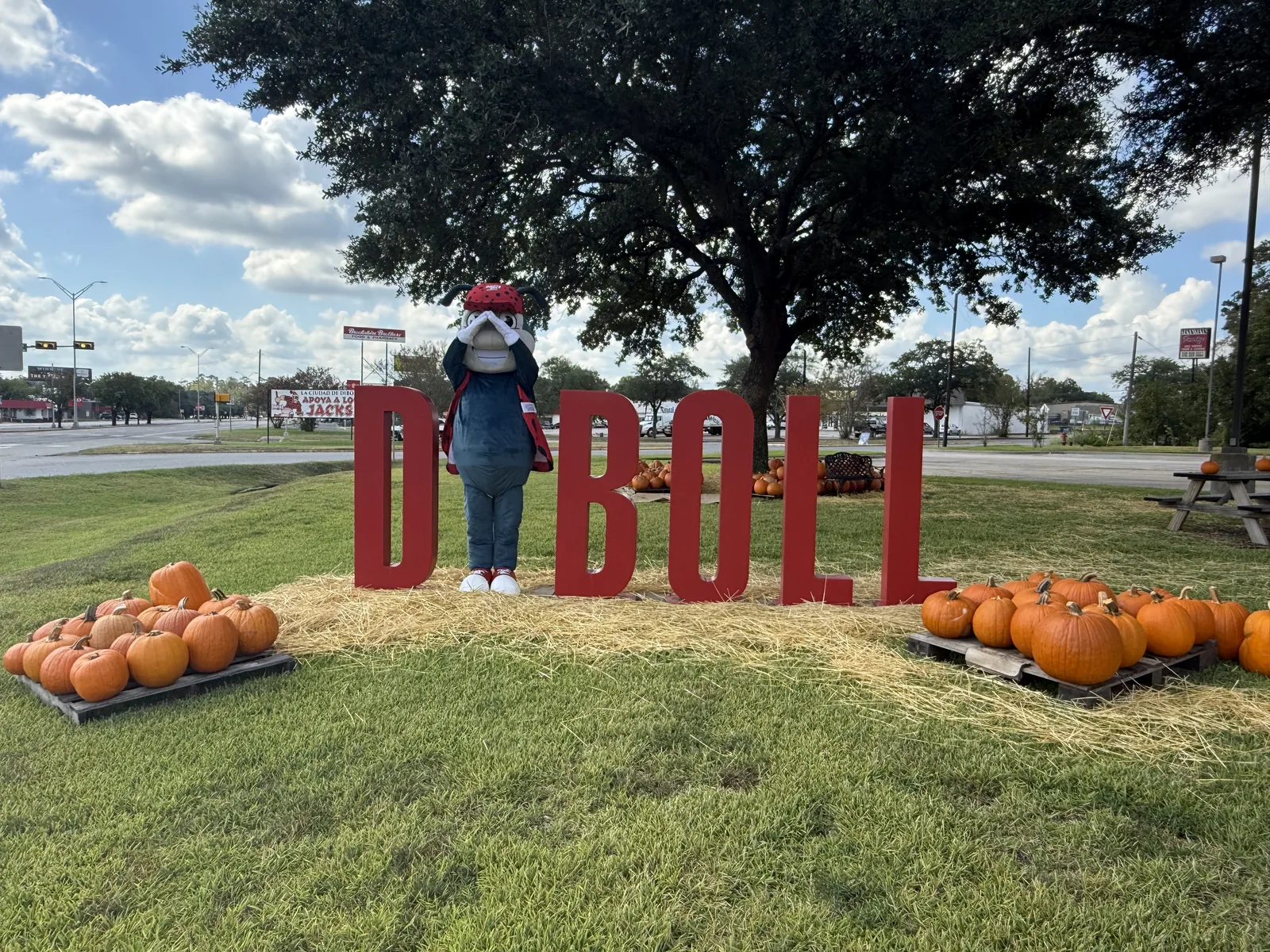 Johnnie on the Spot at Diboll Day with parade pumpkins