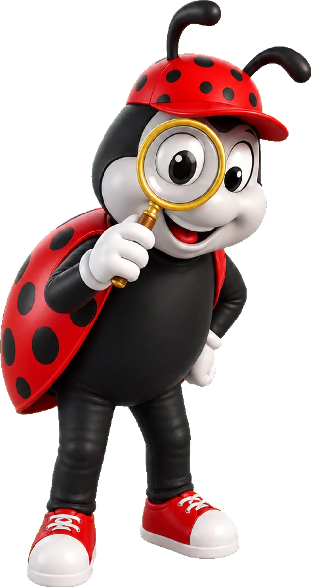 Johnnie on the Spot, the Spot On ladybug mascot, inspecting with a magnifying glass