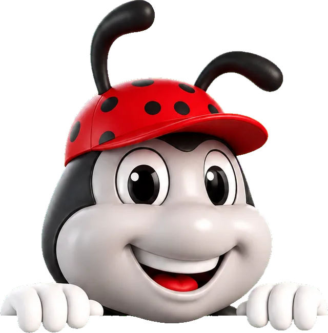 Johnnie on the Spot, the Spot On ladybug mascot, peeking over the photo