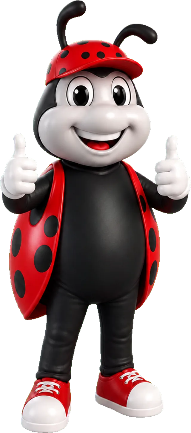Johnnie on the Spot, the Spot On ladybug mascot, giving two thumbs up