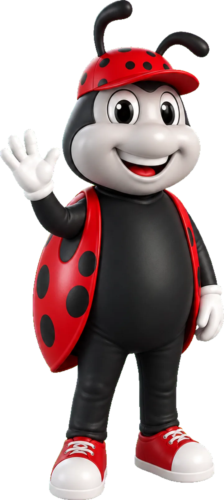 Johnnie on the Spot, the Spot On ladybug mascot, waving hello