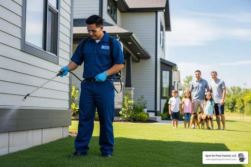 Spot On technician applying an exterior barrier treatment around an East Texas home while the family looks on
