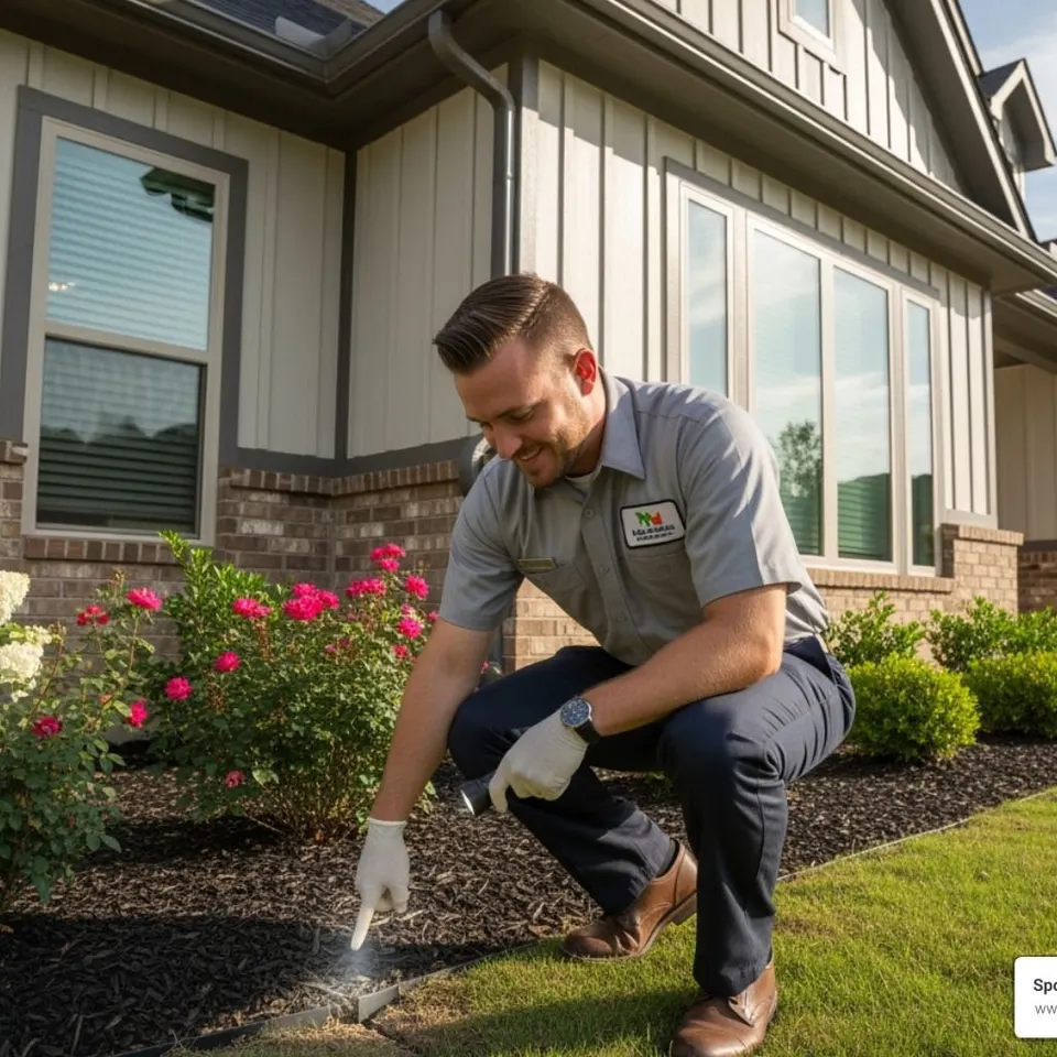 Spot On Pest Control technician inspecting the exterior of a Lufkin, TX family home