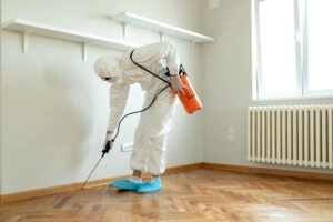 Termite Treatment in Livingston, TX 1 A man in a white suit and protective gear sprays disinfectant in a room.