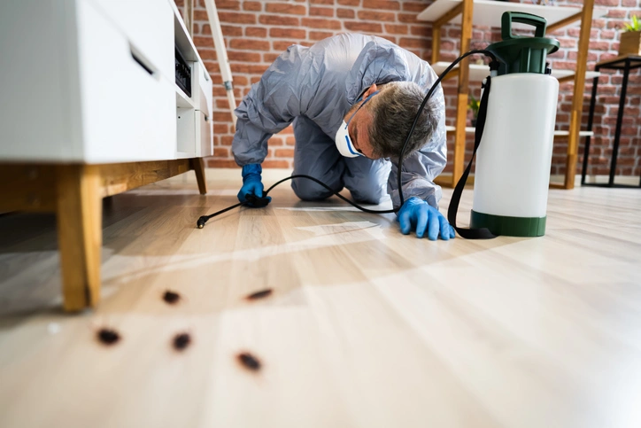Roach Exterminator in Nacogdoches, TX 1 A man in a blue shirt and gloves sprays bugs off the floor.