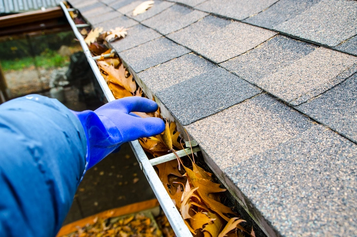 Gutter Cleaning in Nacogdoches, TX 1 A person in blue gloves cleans the gutter on a roof.